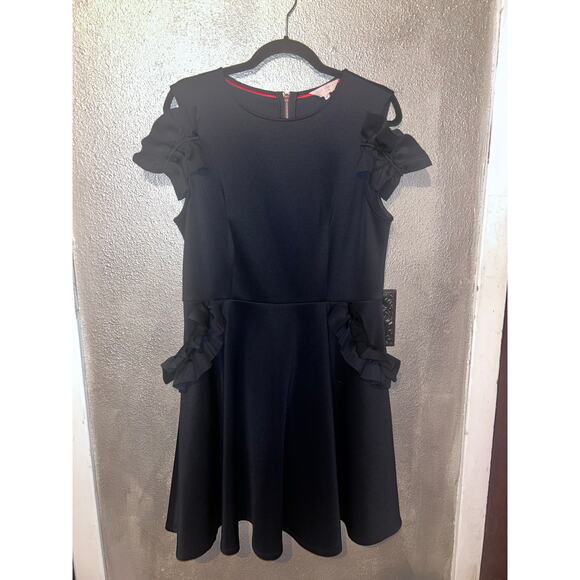 Ted Baker Deneese Black Skater Dress Sz 10 Ruffle Sleeves Pockets Rose Gold Zip - Picture 3 of 16